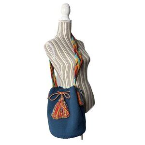 Handmade Wayuu Mochila Bag Crossbody Deep Aqua Blue Colorful Woven Strap